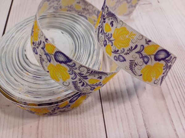 Репсова стрічка, розпис, блакитна. Ширина 2,5 см