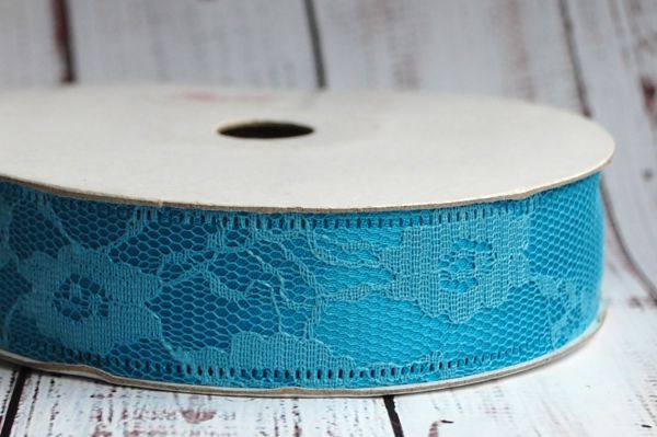 Стрічка атласна. Мереживо. Блакитна. Ширина 2,5 см
