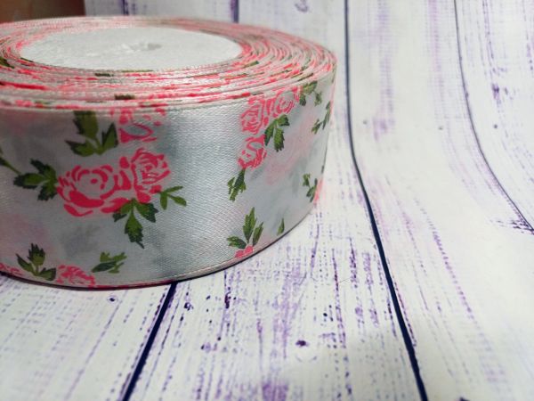 Стрічка атласна 40 мм Трояндочка Біла з рожевим 1 м