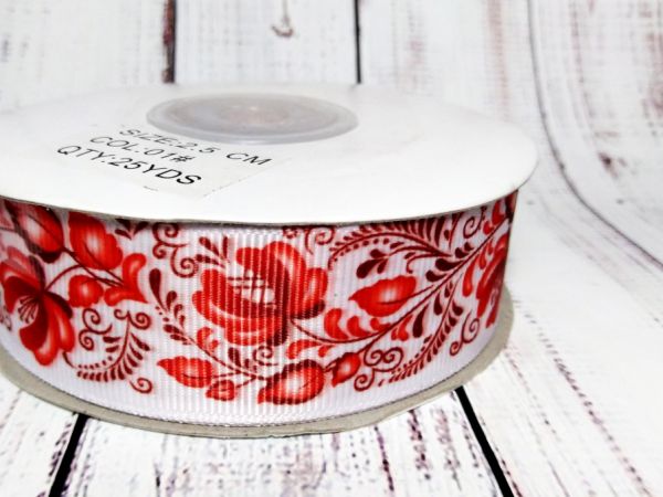 Репсова стрічка, розпис, червона. Ширина 2,5 см