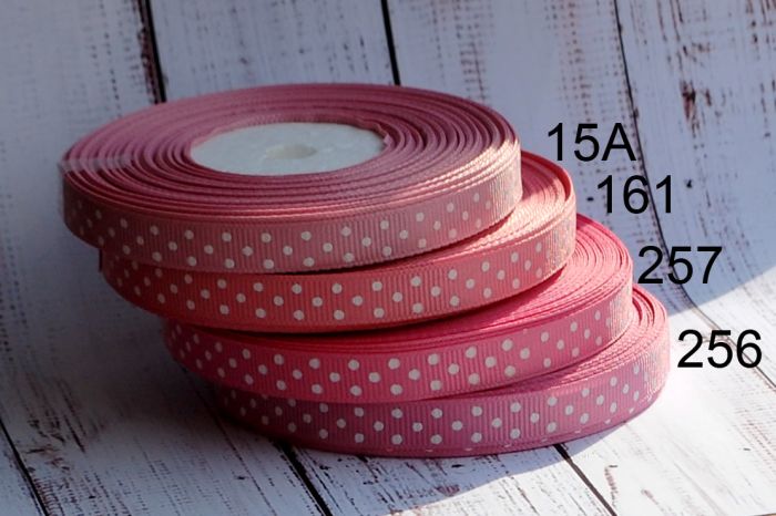 Репсова стрічка 9 мм. №257 Чайна троянда в горох