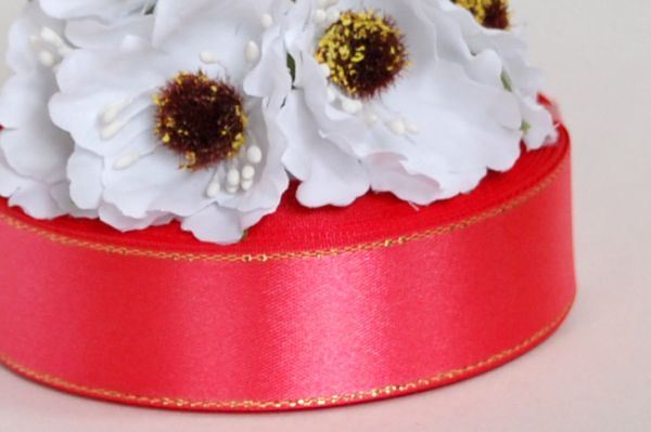 Стрічка атласна з люрексом. Ширина 2,5 см. Коралова