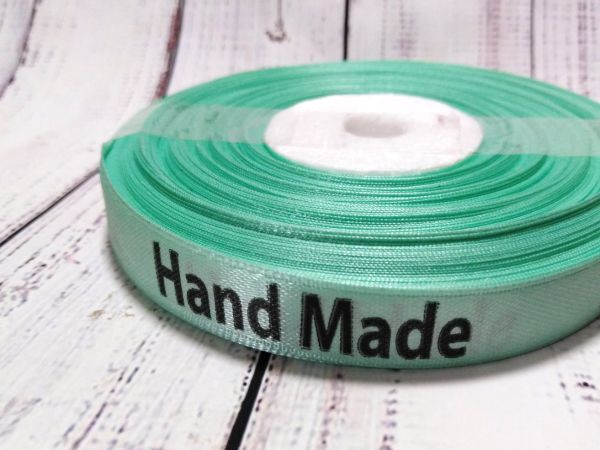 Стрічка атласна "Hand Made". Бірюзова. Ширина 1,2 см