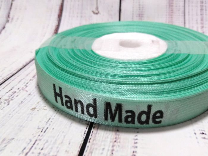 Стрічка атласна "Hand Made". Бірюзова. Ширина 1,2 см