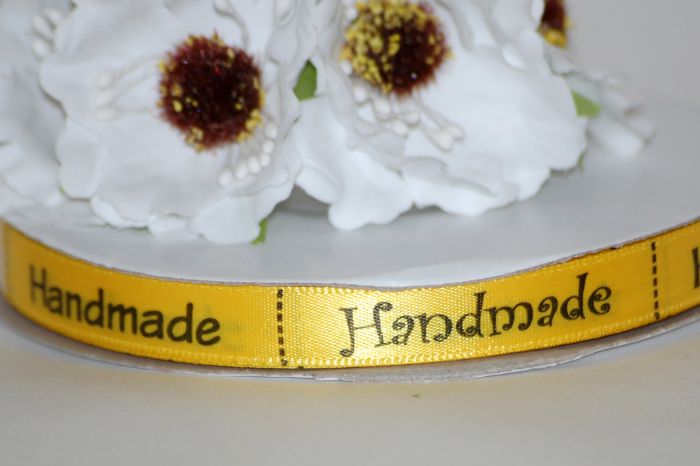 Стрічка атласна 10 мм "Hand Made" Жовта 1 м
