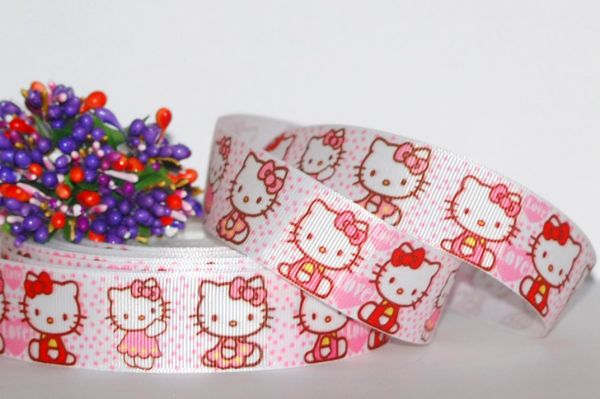 Репсова стрічка 25 мм. Kitty в горошок